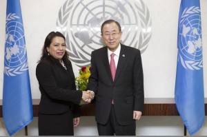 Foreign Minister Carolyn Rodrigues-Birkett exchanges a handshake with United Nations Secretary General Ban Ki-moon before their meeting in New York