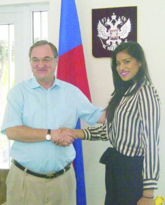 In photo, Miss Guyana Universe 2013 Katherina Roshana is greeted at the embassy by Russian Ambassador to Guyana Nikolay Smirnov as she enters the magnificent edifice of the Russian Federation’s embassy in Georgetown, Guyana 