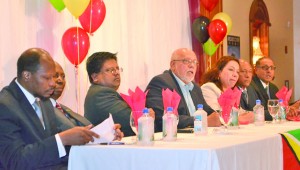 President Donald Ramotar, flanked by Foreign Affairs Minister Carolyn Rodrigues-Birkett and Finance Minister Dr Ashni Singh, among others, while addressing Guyanese in the New York diaspora recently