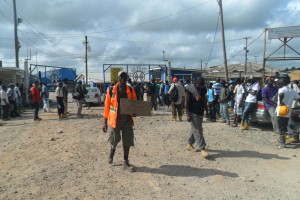 Employees protesting outside Bosai Linden complex in Region 10