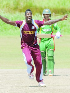 Jerome Jones completes his hat-trick with the wicket of Zubair Likhon (WICB photo)