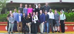 Members of the George Washington University Hospital medical team on arrival at the Cheddi Jagan International Airport. Third from right, on the lower level, is Dr Joseph Benjamin, a Guyana-born urologist who has returned for the first time since his migration to the U.S. as a boy