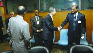 Former President of Guyana, Bharrat Jagdeo is greeted by United Nations Secretary General Ban Ki-moon at Caricom member states Mini Summit with the UN secretary general on September 26, 2009 in New York (file photo)