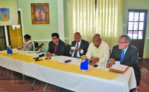 From left to right: Legal Affairs Ministry Permanent Secretary Indira Ananjit, Attorney General and Legal Affairs Minister Anil Nandlall, Acting Chancellor of the Judiciary Carl Singh, junior Finance Minister Juan Edghill and IDB Country Economist Mark Wenner