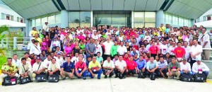 President Donald Ramotar (centre, first row, standing); Amerindian Affairs Minister Pauline Sukhai (left of president); and Health Minister, Dr Bheri Ramsaran (right) with Amerindian leaders at the close of the National Toshaos Council (NTC) meeting on Friday 