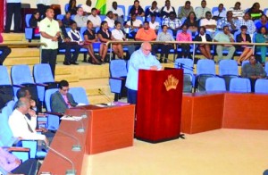 President Donald Ramotar addressing the gathering at the forum on the prevention of interpersonal violence on Monday 