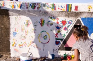 A section of the children's hands painted on the seawall