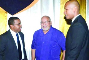 CDB Director, Dr Justin Ram (left) in discussion with President Donald Ramotar and Georgetown Chamber of Commerce and Industry (GCCI) President Clinton Urling