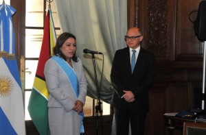 Foreign Affairs Minister Carolyn Rodrigues-Birkett responds after being conferred with the Grand Cross of the Order of the General Liberator of San Martin by Argentine Foreign Minister Hector Timmerman