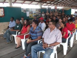 Amerindian Affairs Minister Pauline Sukhai (third left), Guyana Tourism Authority Director Indranauth Haralsingh (fourth left) and Regional Executive Officer Claire Singh (right) at the launch of Rupununi Expo 2013