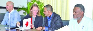 From left to right: Guyana Goldfields Chief Executive Officer  Scott Caldwell; Canadian High Commissioner, Dr Nicole Giles; Natural Resources and Environment Minister Robert Persaud; and Prime Minister Samuel Hinds at the press briefing on Wednesday 