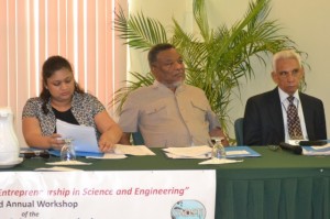 Education Minister Priya Manickchand, Prime Minister Samuel Hinds and Professor Arnoldo Ventura at the Caribbean Science Foundation workshop