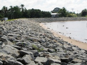 Shoreline with sea defence at Leguan Island today
