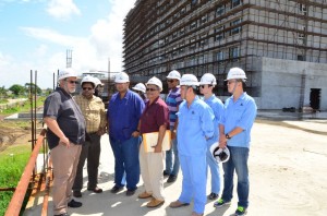 Guyana’s President Donald Ramotar; Finance Minister, Dr Ashni Singh; and Head of the National Industrial and Commercial Investments Limited (NICIL)/Privatisation Unit, Winston Brassington on Saturday toured the Marriott Hotel currently under construction in Kingston, Georgetown. (Sandra Prince photo)