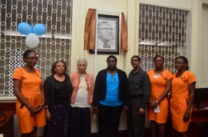 National Library staff with A J Seymour’s daughter, Joan Seymour (second from left), his niece Dr Jacqueline de Weever, Chief Librarian Emily King, and writer and literary activist Petamber Persaud