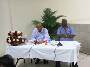 Minister of Home Affairs Clement Rohee and Commissioner of Guyana Police Force (GPF) Leroy Brumell at the meeting 