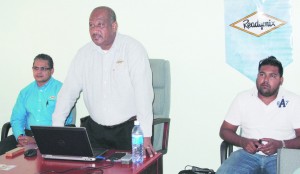 Readymix (West Indies) Limited RML Technical Services Manager Austin Rodriguez (centre) making his presentation to Ready Mix contractors.  Also pictured are RML’s Sanish Maharaj (left) and Dipcon civil engineer Sohan Bridjlall 