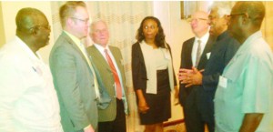 From left to right: Acting GECOM Deputy Chief Elections Officer Keith Lowenfield; DELIAN Project Managing Director Allan Best; DELIAN Board of Directors Chairman John Hollins; GECOM’s Legal Officer Juanita Barker; DELIAN’s Advisory Board Chairman Jean-Pierre Kingsley; GECOM Chairman, Dr Steve Surujbally; and acting Chief Elections Officer Calvin Benn