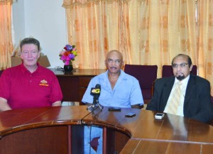 Great Britain’s rifle shooting coach Ian Shaw (left), national captain Mahendra Persaud (center) and president of the GOA K A Juman Yassin, at Monday’s press conference (Photo: Rajiv Bisnauth) 