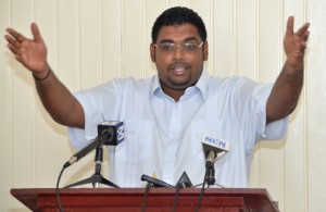 Housing Minister Irfaan Ali making a point during his press briefing at his ministry on Friday