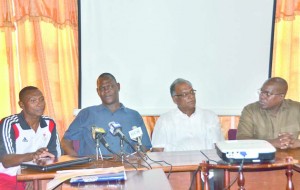 From left: AIBA accredited referee/judge, Trinidad’s James Beckles, Technical Director of the GBA, Terrence Poole, Director of Sport, Neil Kumar and president of GBA, Steve Ninvalle, at Wednesday’s official opening of the five-day referee/judges seminar (Photo: Rajiv Bisnauth)