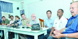 Trans Guyana Airways (TGA) Public Relations Consultant Kit Nacimento (fifth from left), Chief Executive Officer Michael Correia (centre), Ogle International Airport Chief Executive Officer Anthony Meckdeci  (right) and other TGA officials at the press briefing on Tuesday 