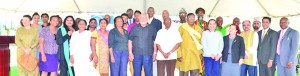 President Donald Ramotar flanked by UN Resident Coordinator Khadija Musa and Mayor Hamilton Green with members of the Inter-Religious Organisation (IRO)