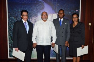 President Donald Ramotar and newly sworn-in Commissioners, Senior Counsel Seenath Jairam (left), Queen’s Counsel, Sir Richard Cheltenham and Queen’s Counsel, Jacqueline Samuels-Brown