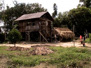 A local house, made of wood and thatch, in a clearing surrounded by forest