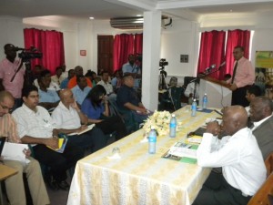 Natural Resources and Environment Minister Robert Persaud addressing the gathering at Red House on Friday