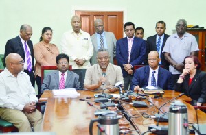 Prime Minister Samuel Hinds and other Government ministers brief the media following the approval of the amended Budget Estimates Wednesday night