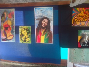 Artwork by Vanborne Brown and Ras Tarique of the Linden Reparations Committee inside one of the booths at the reparation village set up in Linden