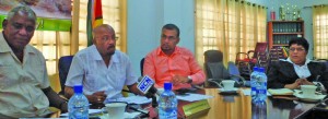 From left: Public Works Minister Robeson Benn, Local Government Minister Norman Whittaker, Natural Resources Minister Robert Persaud and acting Town Clerk Carol Sooba briefing the media following their meeting on Wednesday 