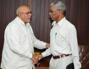 President Donald Ramotar and Opposition Leader David Granger during one of their meetings at the Office of the President