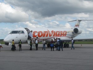 Passengers disembarking the inaugural CONVIASA flight 