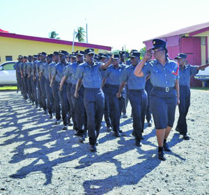 The new recruits during their drill exercise at the commissioning of the Guyana Fire Service training complex at Leonora