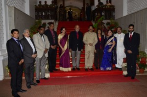 President Donald Ramotar (centre), while on a six-day official State visit to India takes time out for a photo op. with Maharashtra's Governor, Vidyasagar Rao and his wife Vinoda. Also present were Bollywood actor Abhishek Bachchan, First Lady Deolatchmee Ramotar, Housing Minister Irfaan Ali, Managing Director of BK International Mr Brian Tiwarie and Chief Executive Officer of NEW GPC Dr Ranjisinghi ‘Bobby’ Ramroop along with other Indian government officials 