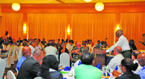 APNU+AFC Presidential Candidate David Granger addressing members of the business and diplomatic communities at a GMSA-sponsored luncheon at the Pegasus Hotel (Marceano Narine photo) 