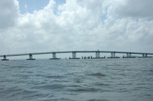 A view of the Berbice River Bridge from the river