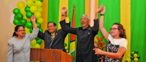 Presidential Candidate David Granger with his wife Sandra and Prime Ministerial Candidate Moses Nagamootoo with his wife Sita at the launch on Wednesday 