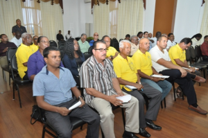 Miners at the meeting with President Donald Ramotar and Natural Resources Minister Robert Persaud