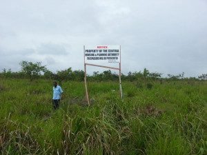 The signboard placed behind Diamond Housing Scheme: Trespassers will be prosecuted