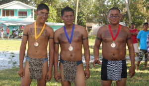 Winners of the 2015 CARICOM Inter-tribal Games’ Men's nine-lap race.Gold medallist Sylvester 'Balo' Paulinho is at right in black