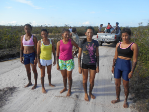 The four Guyana Lokono-Arawak and Dominica Kalinago athletes at the start of the Ladies’ 3km cross country race. Eventual winner Roshelle Dundas is at centre