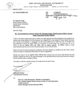 A scanned copy of the letter issued by the GRA to former Chief Executive Officer of GuySuCo, Dr Rajendra Singh