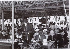 Prime Minister Forbes Burnham speaking at the UG deed handing over ceremony during Independence Week (1966)