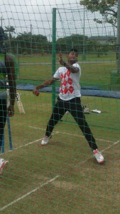 Devendra Bishoo about to fizz one of his deliveries through during practice on Wednesday