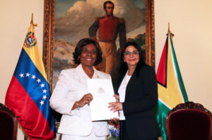 Guyana's Ambassador to Venezuela, Cheryl Miles  and Venezuela's Foreign Minister, Delcy Rodriguez