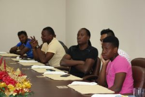 Guyana Amazon Warriors players pay rapt attention at Tuesday’s session