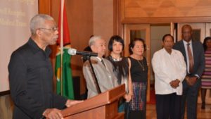 President David Granger delivering his remarks at the reception at the Chinese Embassy